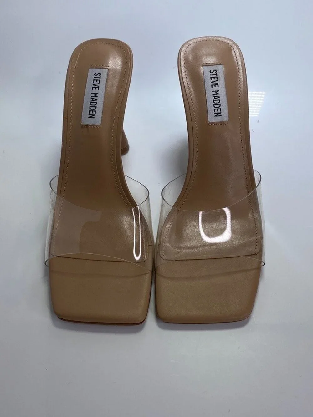 Steve Madden Women's Elated Tan Lucite Heeled Slide Sandals Sz 8.5